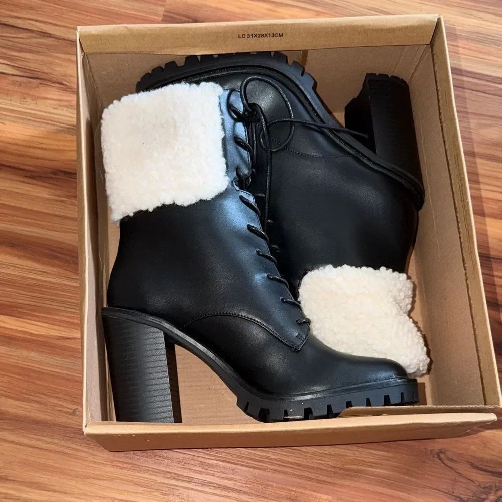 ASOS Black Lace-Up Heeled Boots with Cream Faux-Shearling Cuff